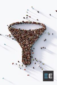 A large group of people forming the shape of a funnel