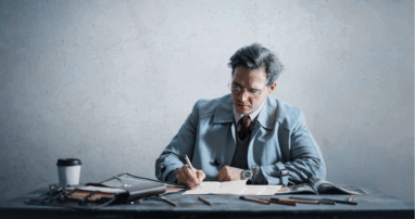 A person performs business writing at a cluttered desk