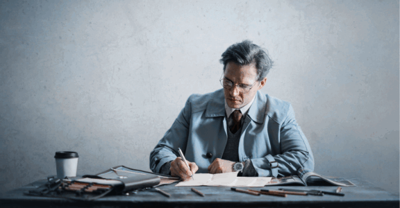 A person performs business writing at a cluttered desk