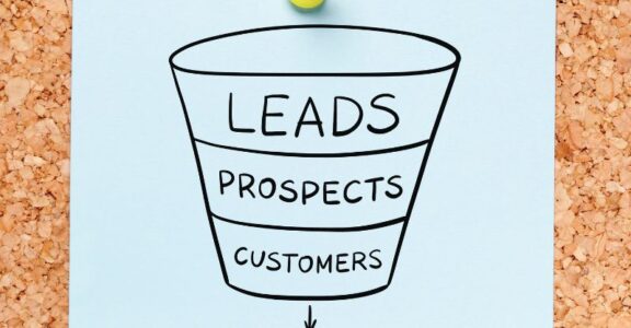 A hand drawn marketing funnel with the words leads, prospects, and customers on it pointing toward a dollar sign