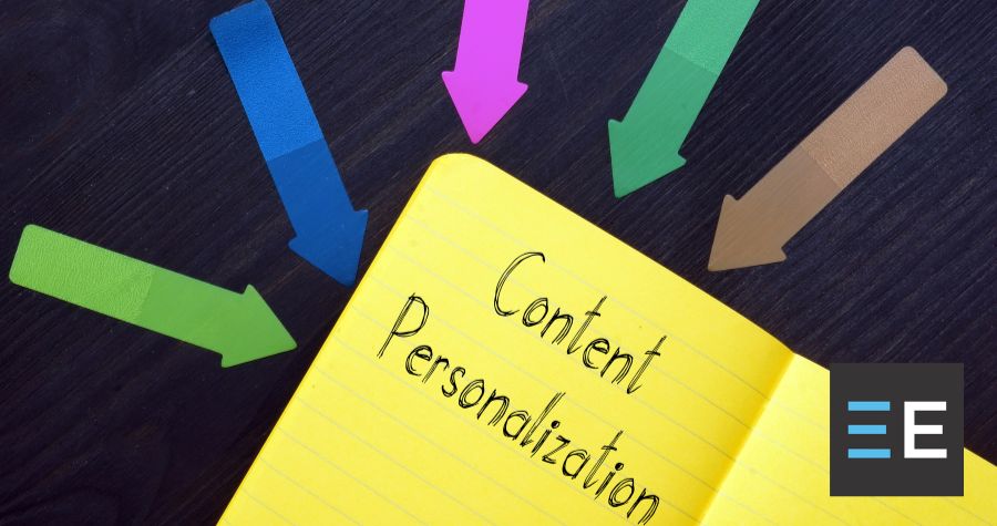 Colorful arrows pointing toward a yellow notebook with the words "content personalization" written on it