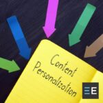 Colorful arrows pointing toward a yellow notebook with the words "content personalization" written on it