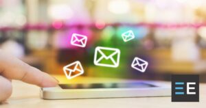 A person touching a smartphone. Above it hovers colorful email icons