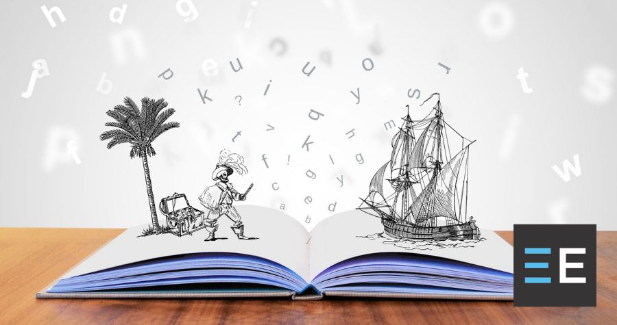 Drawings of a pirate and a sailing ship coming out of an open book with letters scattered in the background