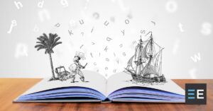 Drawings of a pirate and a sailing ship coming out of an open book with letters scattered in the background