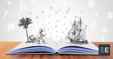 Drawings of a pirate and a sailing ship coming out of an open book with letters scattered in the background