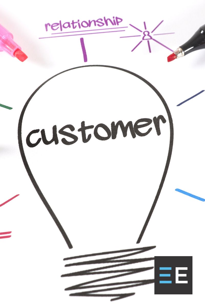 A hand drawn light bulb surrounded by colored text and markers. Inside the light bulb is the word customer