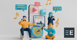 Three 3D modeled people surrounded by icons of music notes, message bubbles, and a target